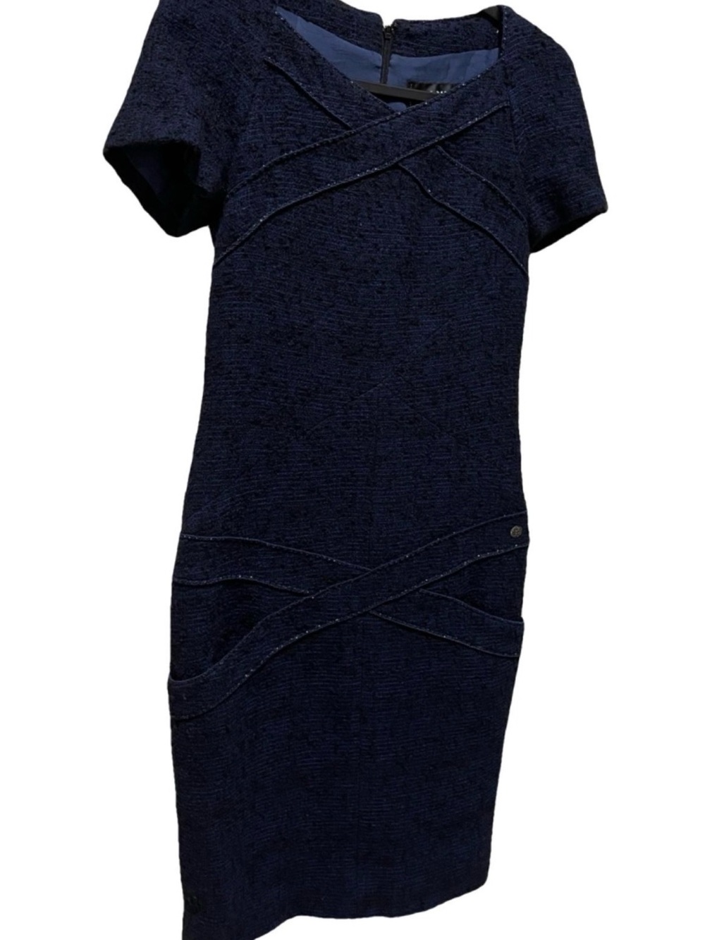 CHANEL Silk Wool Navy Short-Sleeve Textured Sheath Midi Dress